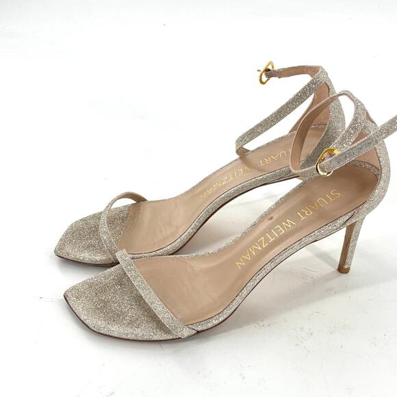 Stuart Weitzman Nudistcurve Heels 9 Platino Silver Sandal Wedding Bridal Glam - Picture 5 of 10